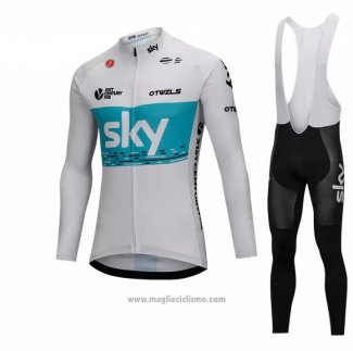 2018 Abbigliamento Ciclismo Sky Bianco e Blu Manica Lunga e Salopette