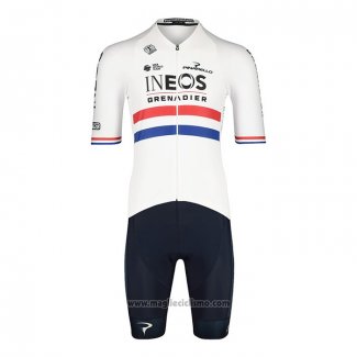 2022 Abbigliamento Ciclismo British Champion Ineos Blu Bianco Manica Corta e Salopette