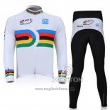 2010 Abbigliamento Ciclismo Santini UCI Mondo Campione Lider Bianco Manica Lunga e Salopette