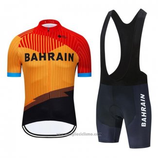 2020 Abbigliamento Ciclismo Bahrain Arancione Nero Manica Corta e Salopette