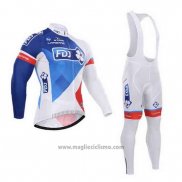 2015 Abbigliamento Ciclismo FDJ Bianco e Blu Manica Lunga e Salopette