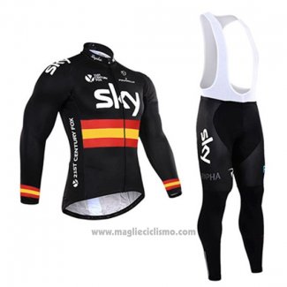 2017 Abbigliamento Ciclismo Sky Campione Spagna Nero Manica Lunga e Salopette