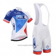 2015 Abbigliamento Ciclismo FDJ Bianco e Blu Manica Corta e Salopette