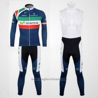 2012 Abbigliamento Ciclismo Movistar Campione Italia Manica Lunga e Salopette