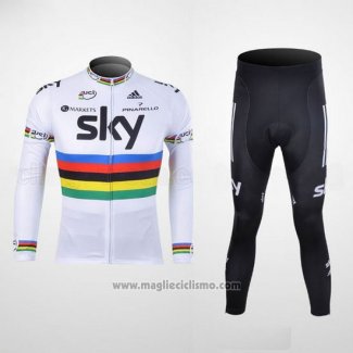 2012 Abbigliamento Ciclismo Sky UCI Mondo Campione Nero e Bianco Manica Lunga e Salopette