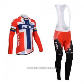 2014 Abbigliamento Ciclismo BMC Campione Norvegia Blu e Rosso Manica Lunga e Salopette