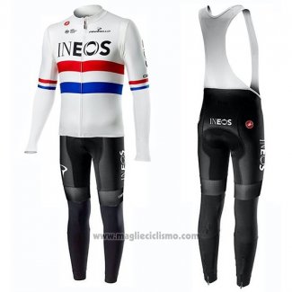 2019 Abbigliamento Ciclismo Ineos Campione UK Bianco Manica Lunga e Salopette