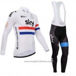 2014 Abbigliamento Ciclismo Sky Campione Regno Unito Bianco Manica Lunga e Salopette