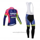 2014 Abbigliamento Ciclismo Lampre Merida Rosa e Blu Manica Lunga e Salopette