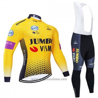 2019 Abbigliamento Ciclismo Jumbo Visma Giallo Nero Manica Lunga e Salopette