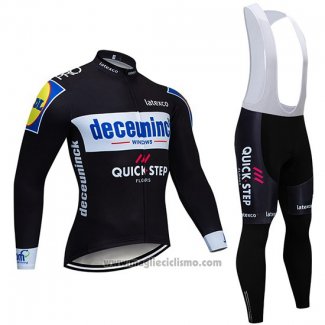 2019 Abbigliamento Ciclismo Deceuninck Quick Step Nero Bianco Manica Lunga e Salopette