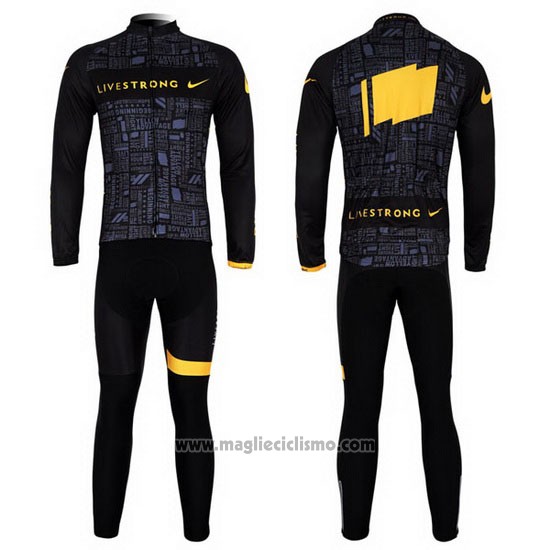 2012 Abbigliamento Ciclismo Livestrong Nero e Giallo Manica Lunga e Salopette