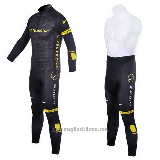 2012 Abbigliamento Ciclismo Livestrong Nero e Giallo Manica Lunga e Salopette