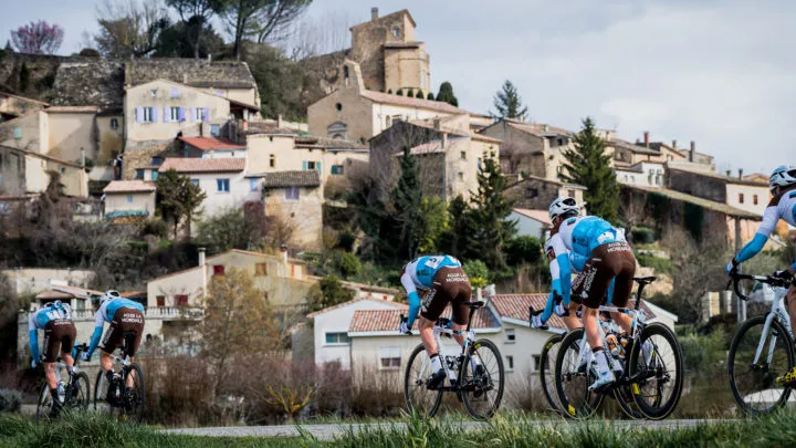 2019 Abbigliamento Ciclismo Ag2r La Mondiale Marrone Bianco Blu Manica Corta e Salopette