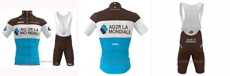 2019 Abbigliamento Ciclismo Ag2r La Mondiale Marrone Bianco Blu Manica Corta e Salopette